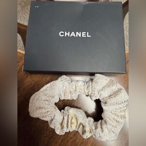 Chanel Cream with gold “CHANEL” Hair Scrunchie. New in Box. GWP